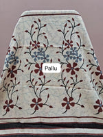 Beige Mulmul Cotton Saree with Black Vine and Rust Leaf Print pallu