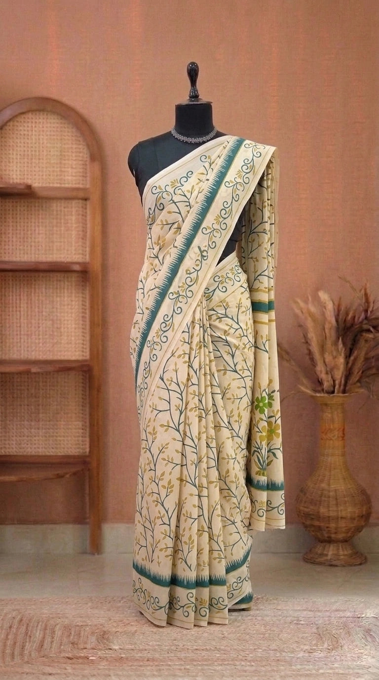 Beige Bliss Mulmul Cotton Saree with Mustard & Teal Leafy Vines