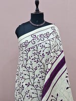 Elegant Beige & Plum Vine Print Mulmul Cotton Saree 1
