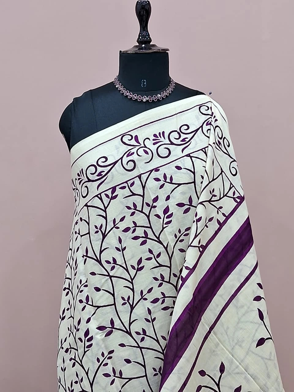 Elegant Beige & Plum Vine Print Mulmul Cotton Saree 1