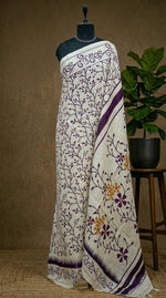 Elegant Beige & Plum Vine Print Mulmul Cotton Saree