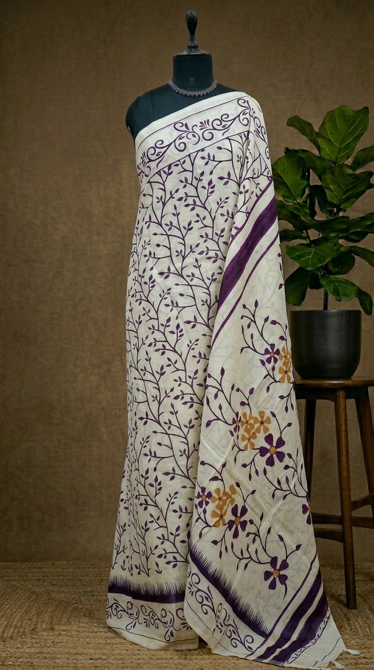 Elegant Beige & Plum Vine Print Mulmul Cotton Saree