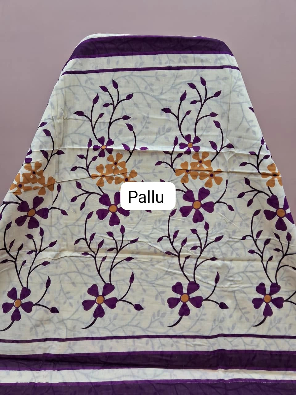 Elegant Beige & Plum Vine Print Mulmul Cotton Saree Pallu