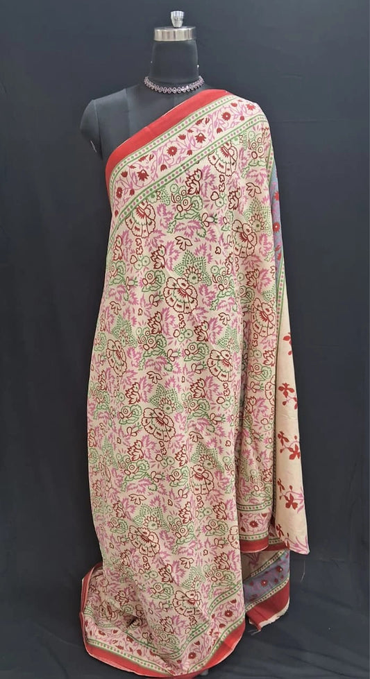 Blush Pink & Crimson Floral mulmul cotton Saree