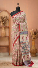Blush Pink & Crimson Floral mulmul cotton Saree