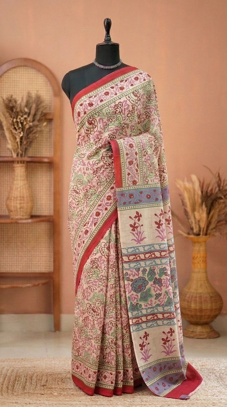 Blush Pink & Crimson Floral mulmul cotton Saree