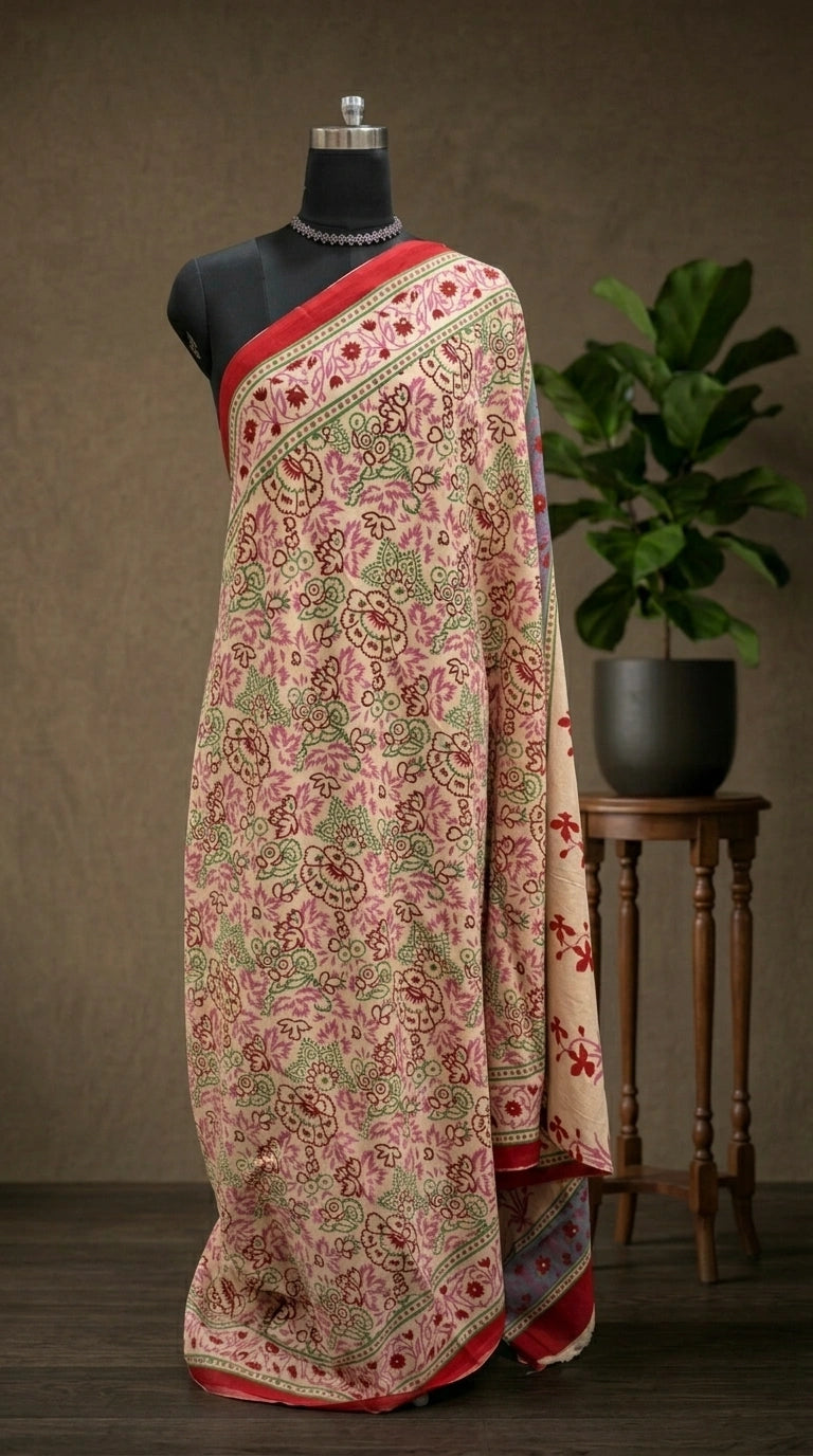 Blush Pink & Crimson Floral mulmul cotton Saree with Leafy Green Accents
