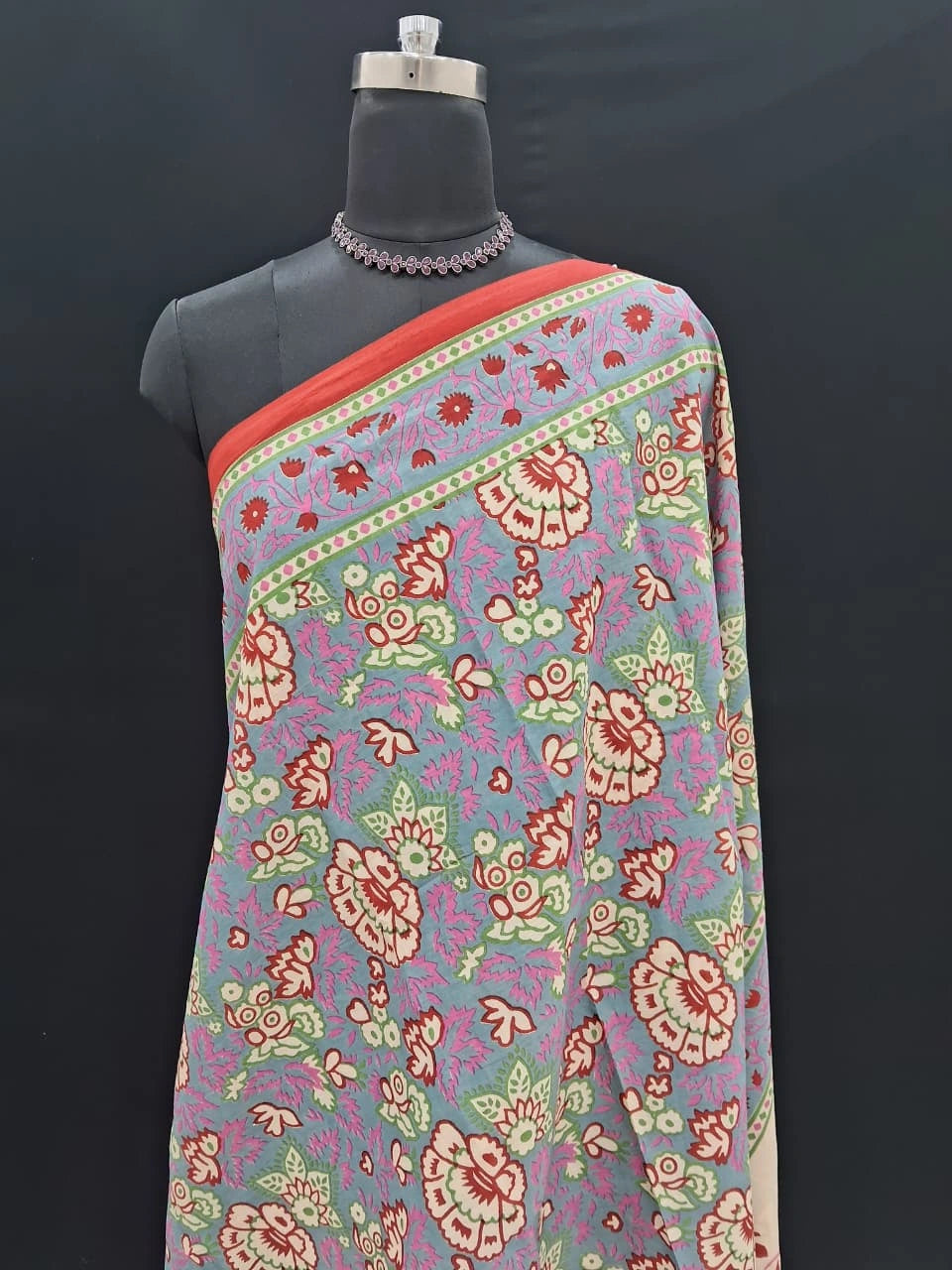 Pastel Sky Blue & Crimson Bloom Mulmul Cotton