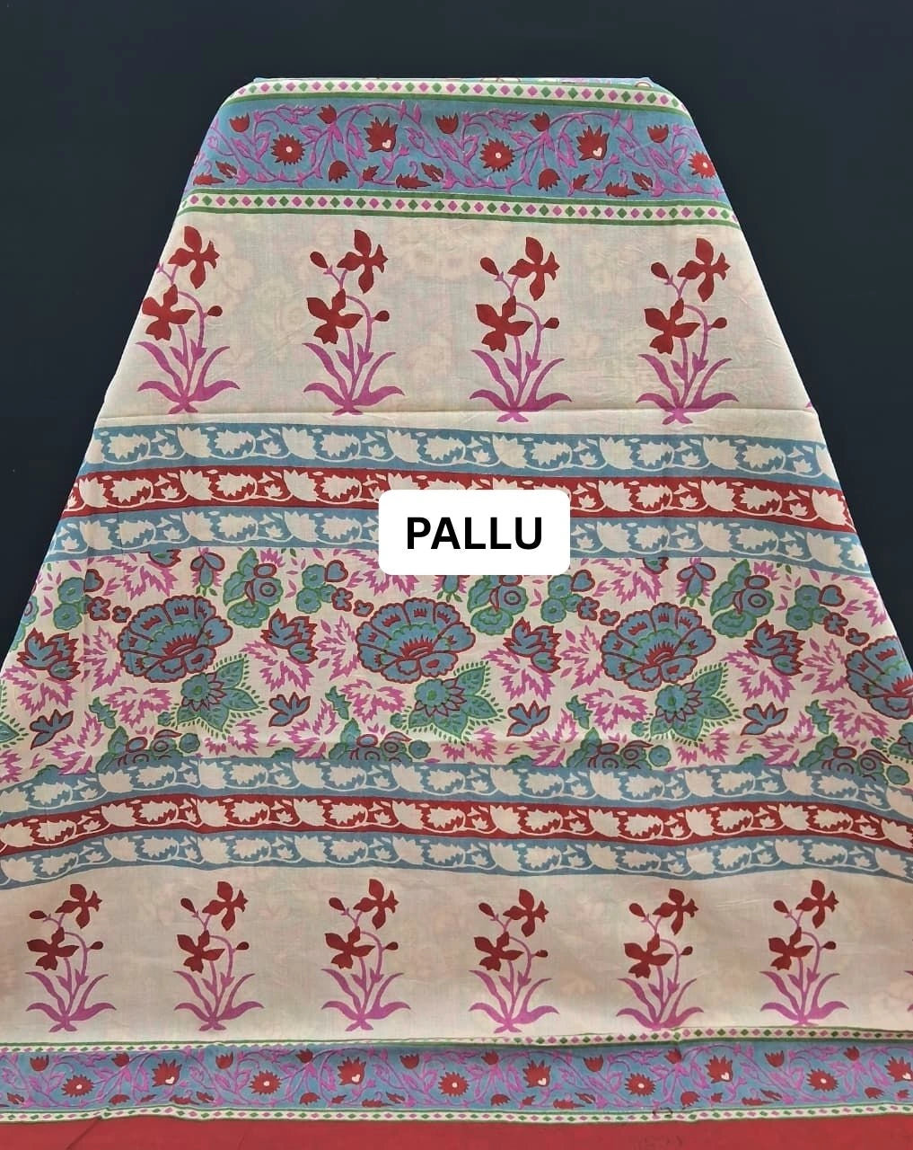 Pastel Sky Blue & Crimson Bloom Mulmul Cotton Saree pallu