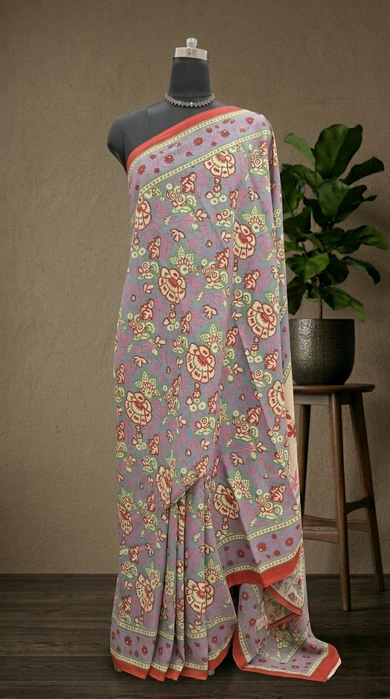 Pastel Sky Blue & Crimson Bloom Mulmul Cotton Saree