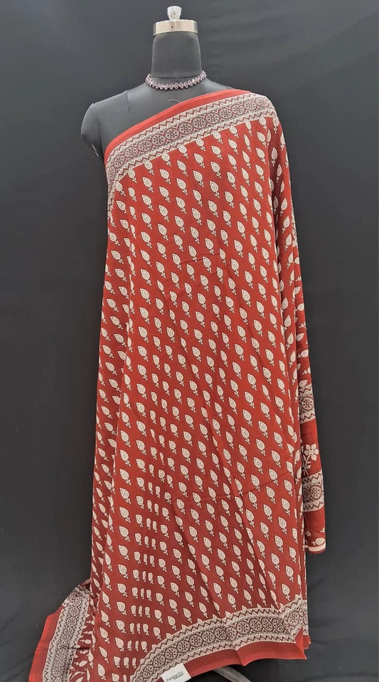 Rust Red & Ivory Hand-Block Printed Mulmul Cotton Saree