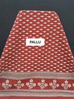 Rust Red & Ivory Hand-Block Printed Mulmul Cotton Saree pallu