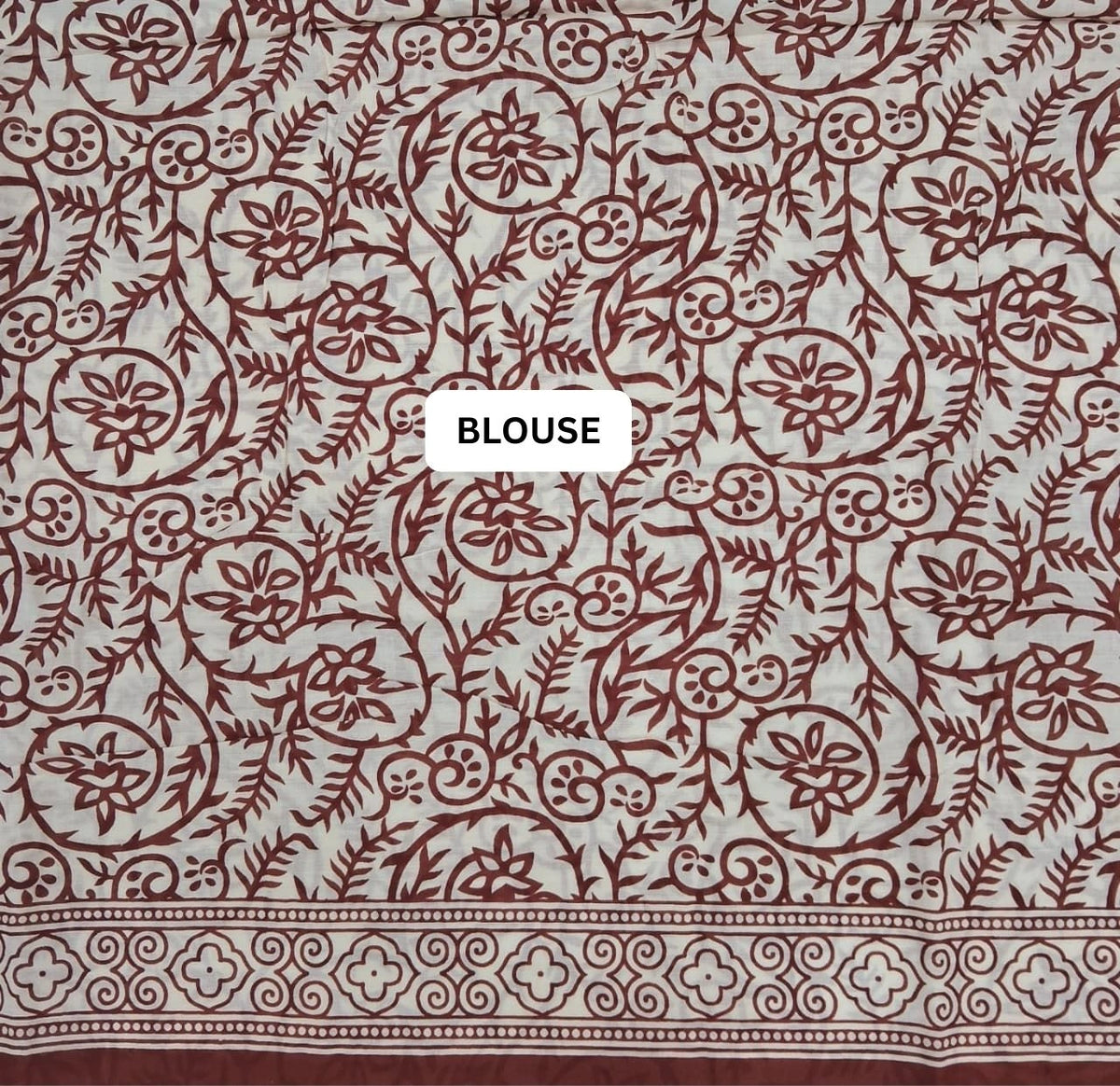 Rust Red & Ivory Hand-Block Printed Mulmul Cotton Saree blouse