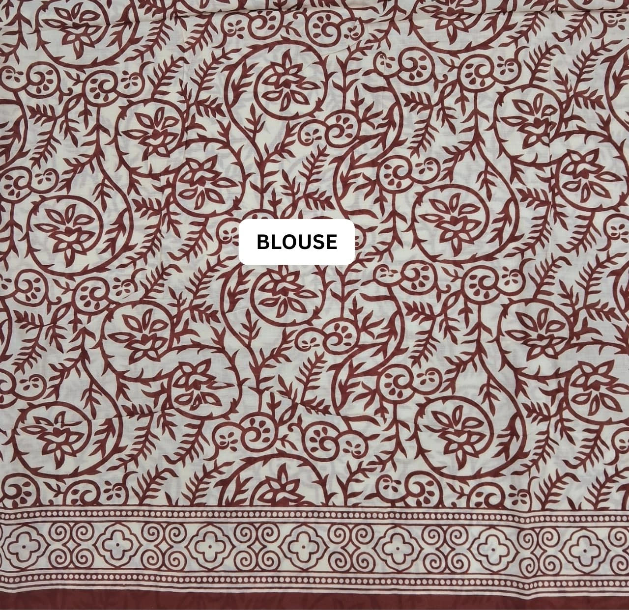 Rust Red & Ivory Hand-Block Printed Mulmul Cotton Saree blouse
