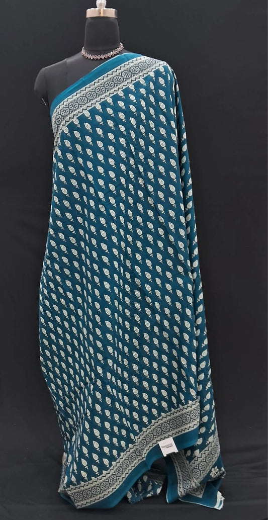 Teal Blue & Ivory Hand Block Printed Mulmul Cotton Saree