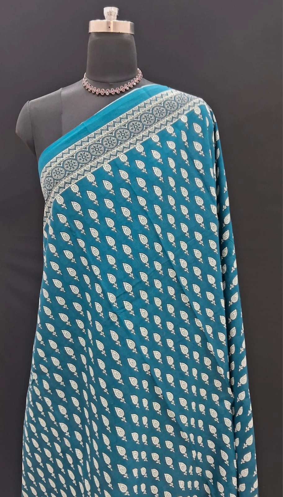 Teal Blue & Ivory Hand Block Printed Mulmul Cotton