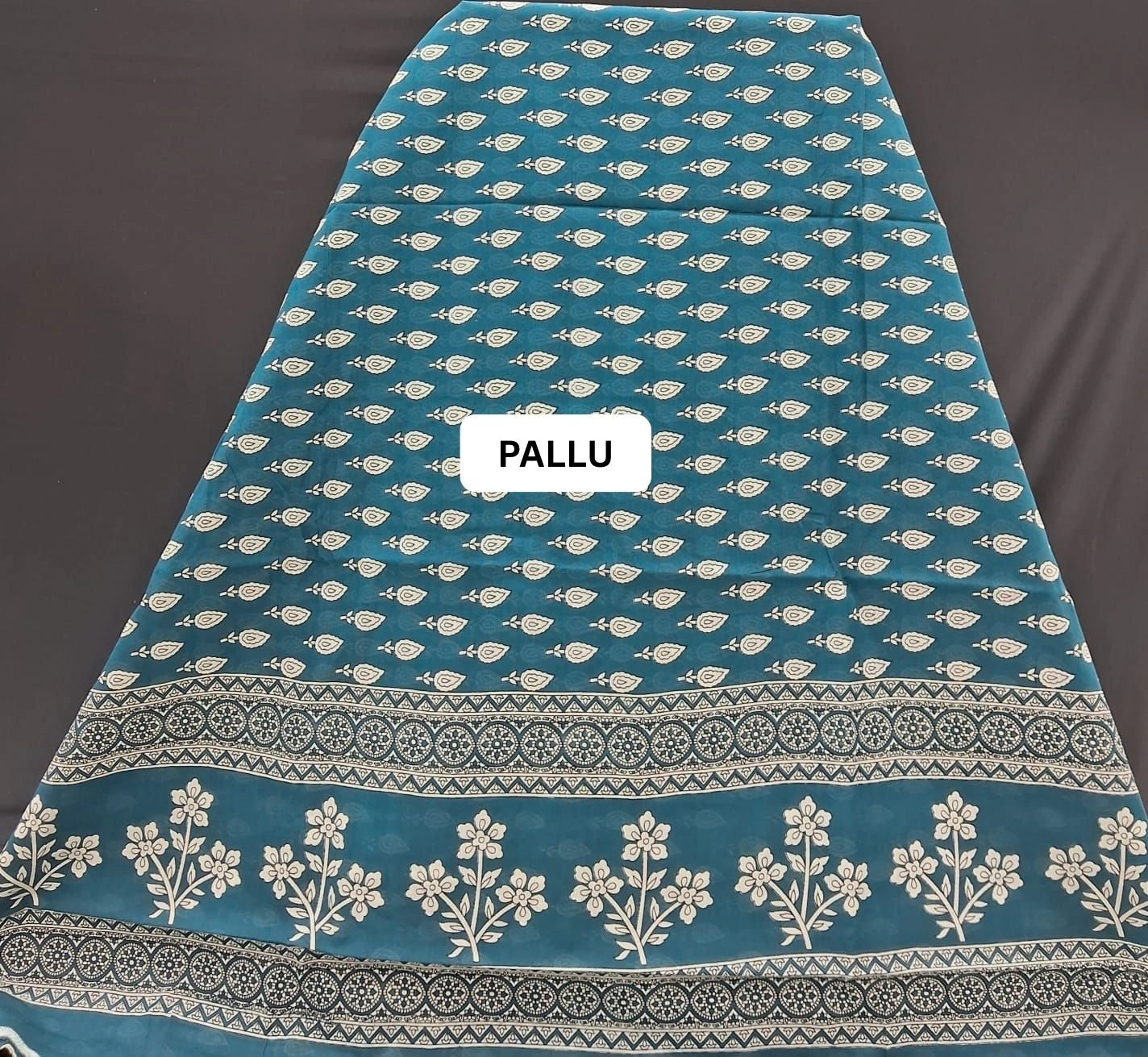 Teal Blue & Ivory Hand Block Printed Mulmul Cotton Saree pallu