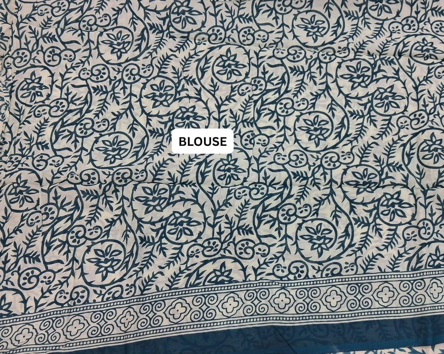 Teal Blue & Ivory Hand Block Printed Mulmul Cotton Saree blouse