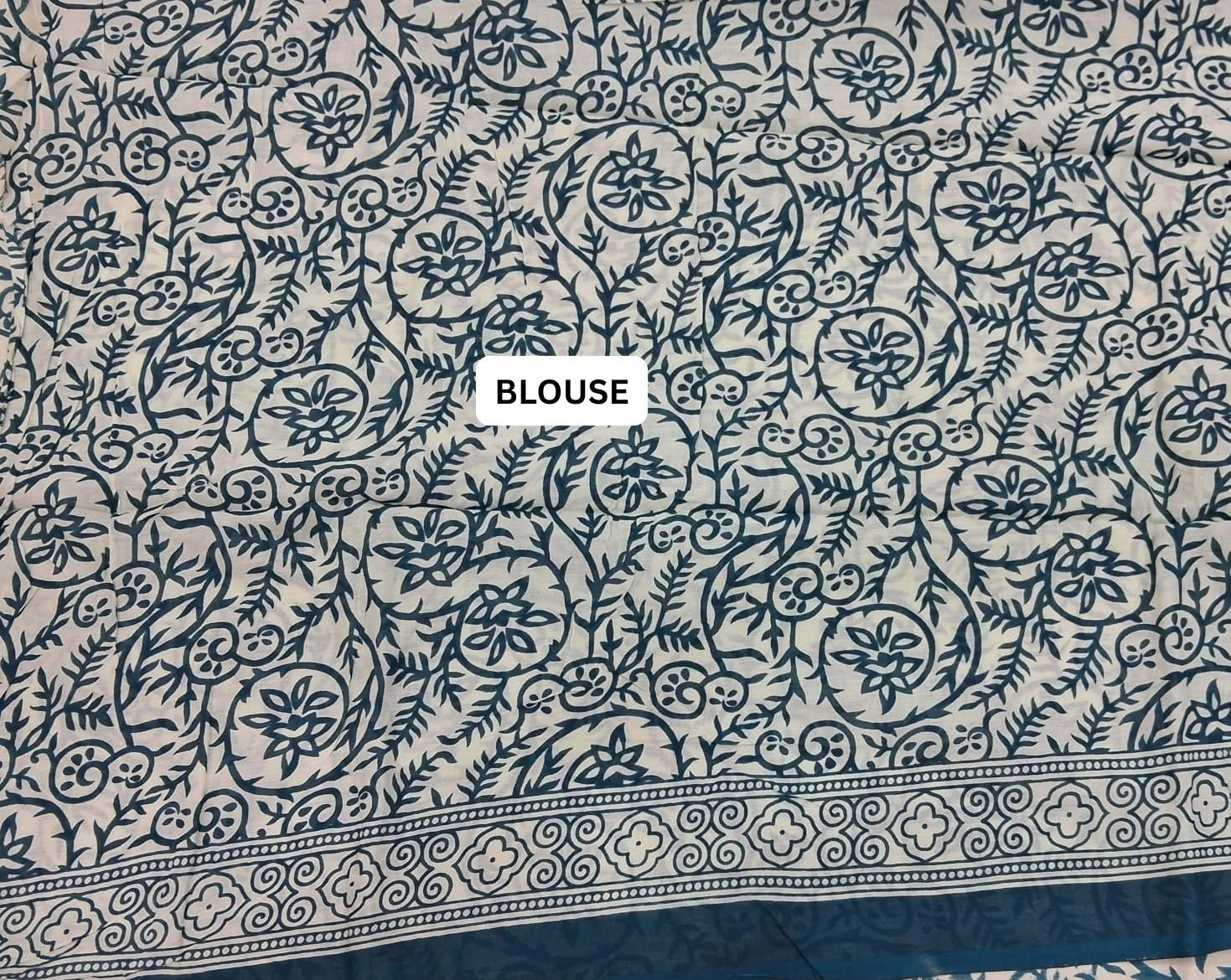 Teal Blue & Ivory Hand Block Printed Mulmul Cotton Saree blouse