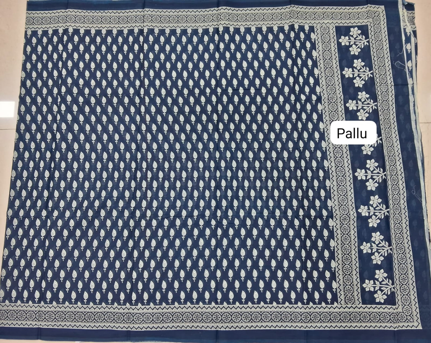 Indigo Blue Mulmul Cotton Saree Pallu