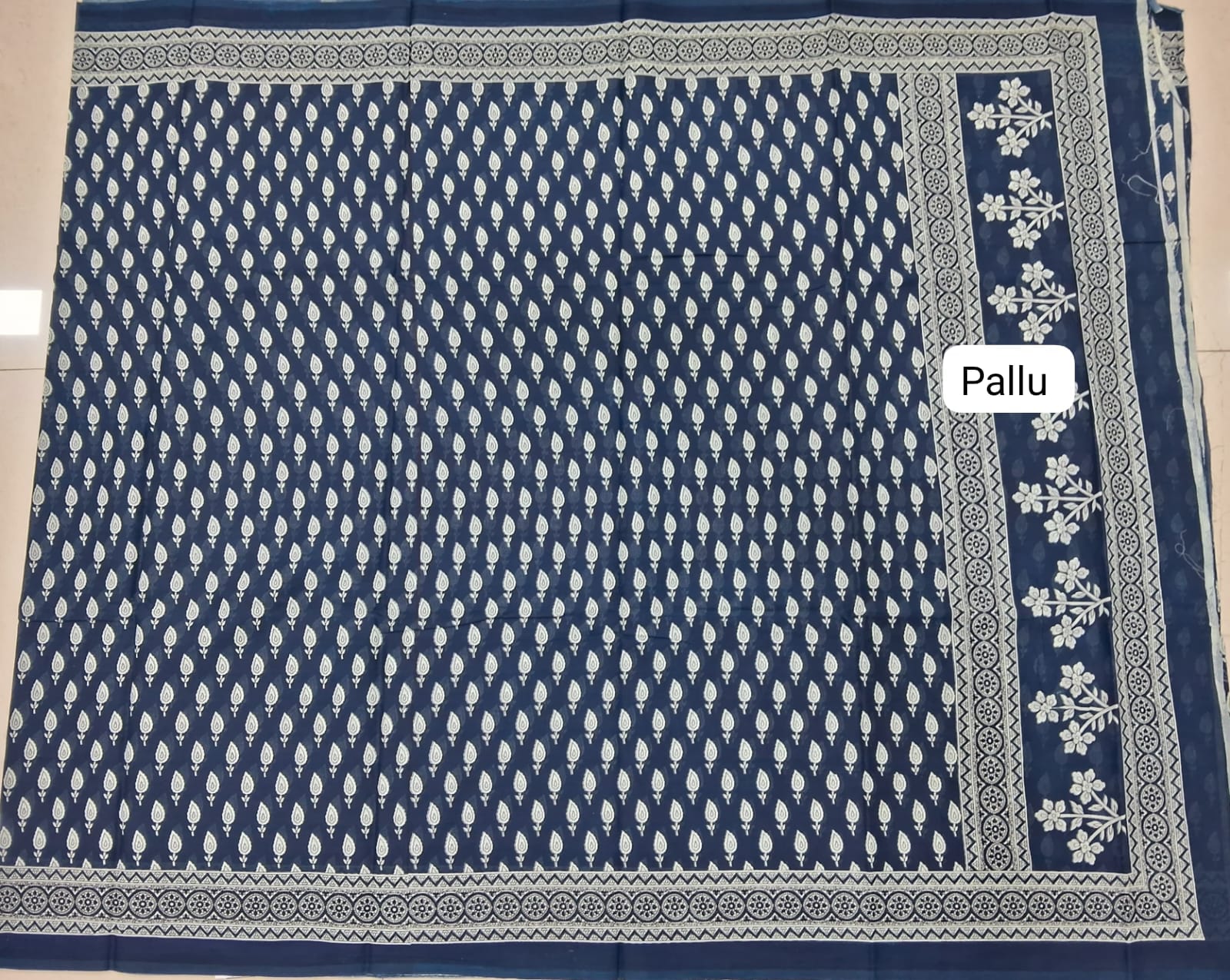 Indigo Blue Mulmul Cotton Saree Pallu