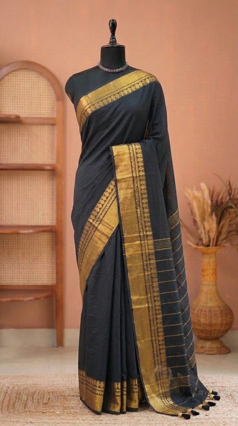 Black Mulmul Cotton Saree