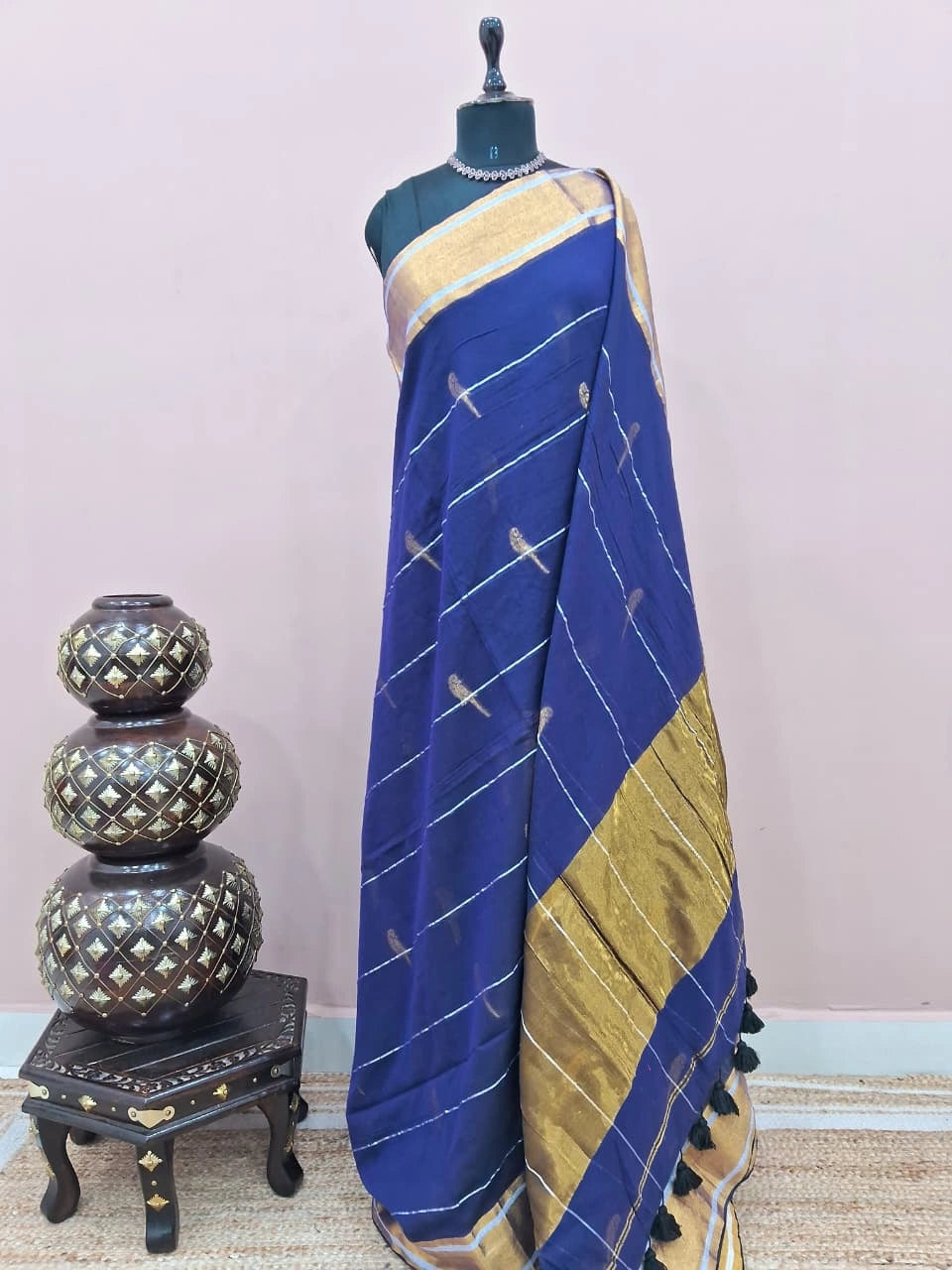 Royal Blue Mulmul Cotton Saree