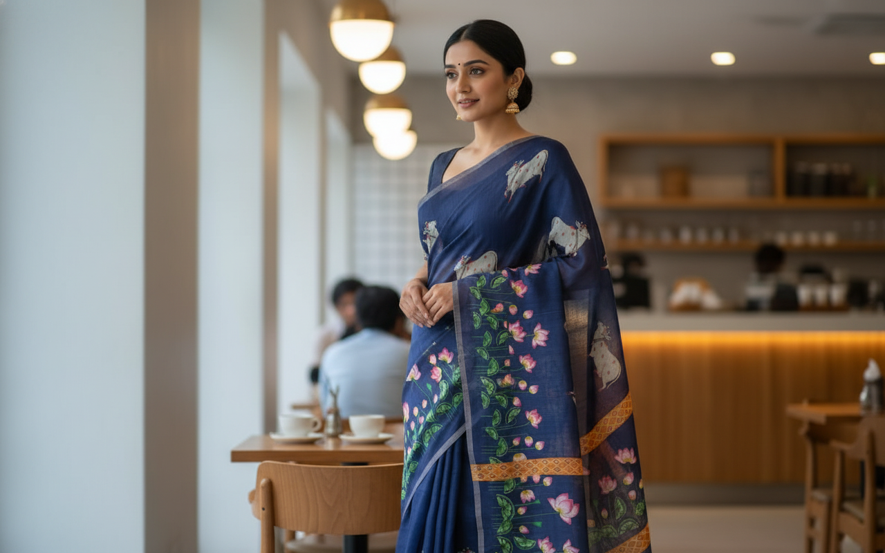 Blue Jute Printed Saree