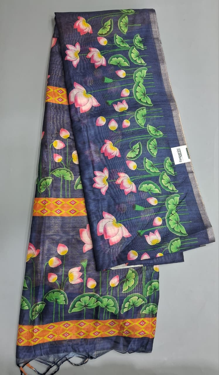 Blue Jute Printed Saree 