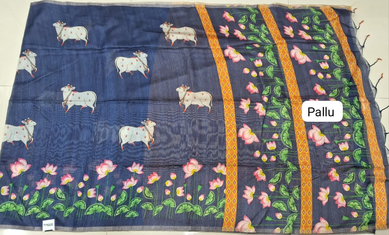 Blue Jute Printed Saree pallu