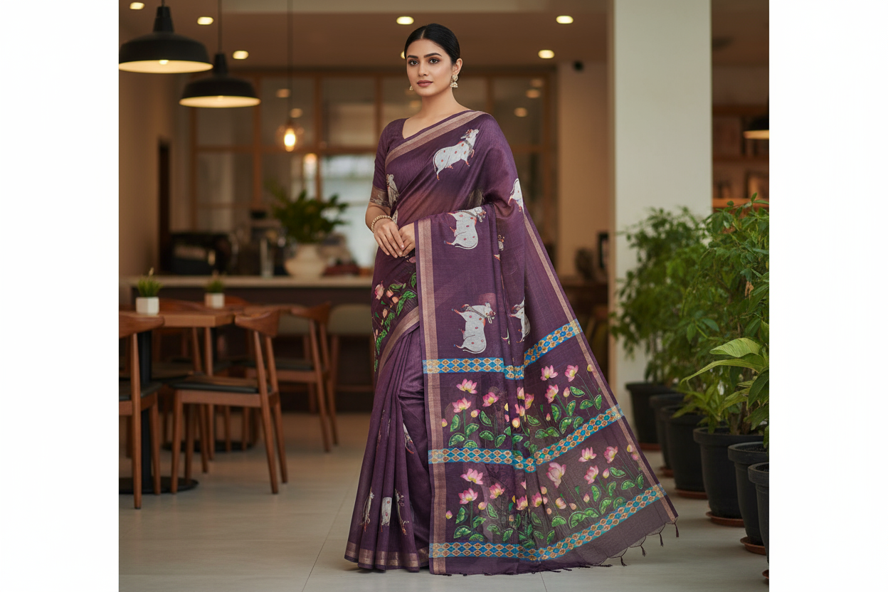 Wine Jute Printed Saree 