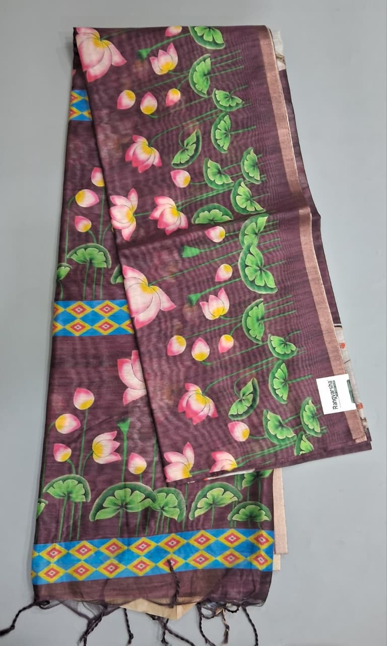 Wine Jute Printed Saree