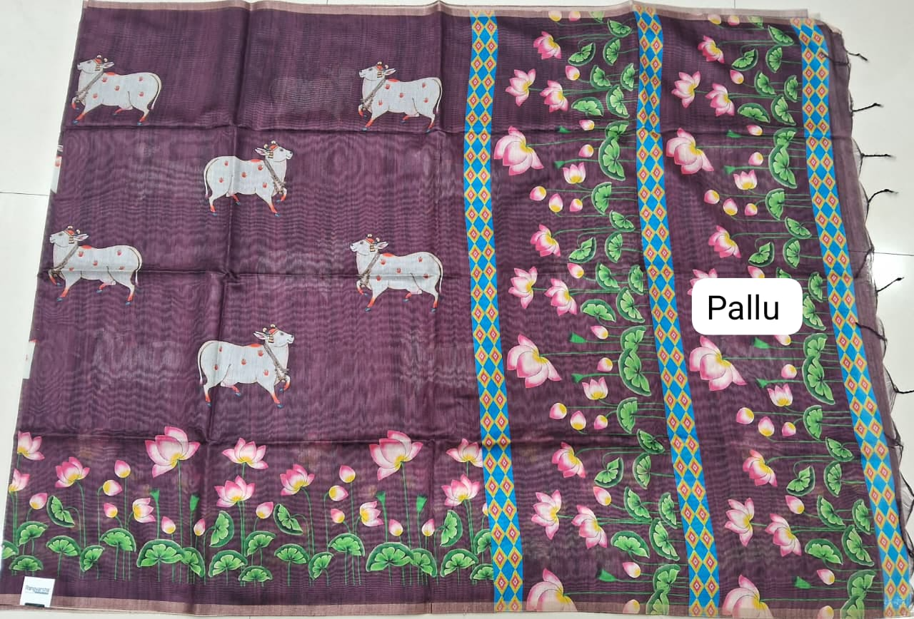 Wine Jute Printed Saree pallu