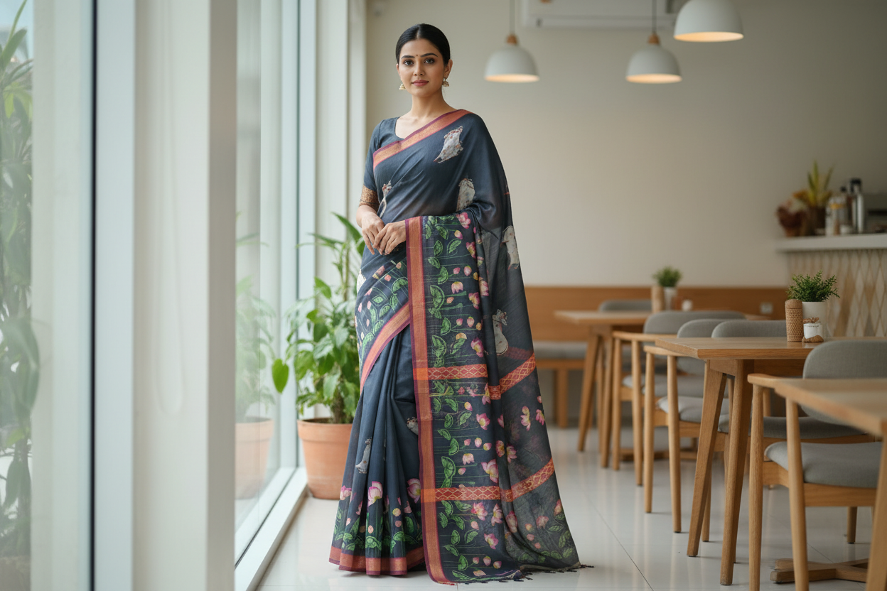 Elephant Printed Grey Jute Saree