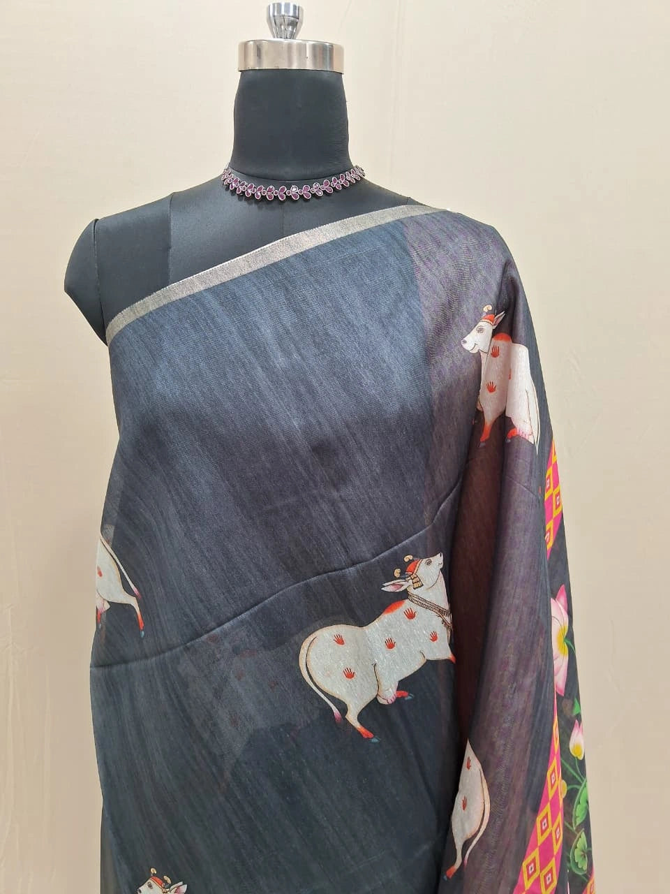 Elephant Grey Printed Jute Saree 