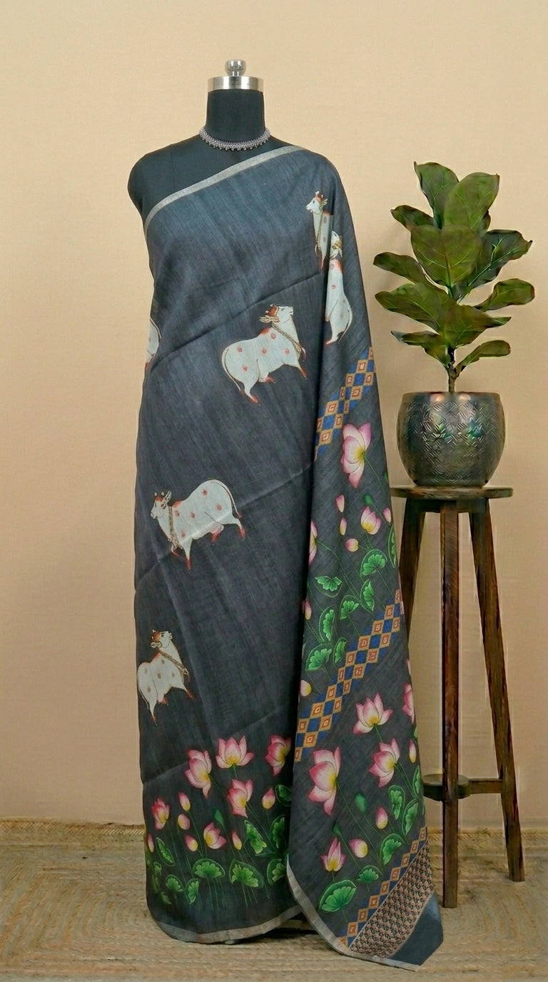 Elephant Grey Printed Jute Saree
