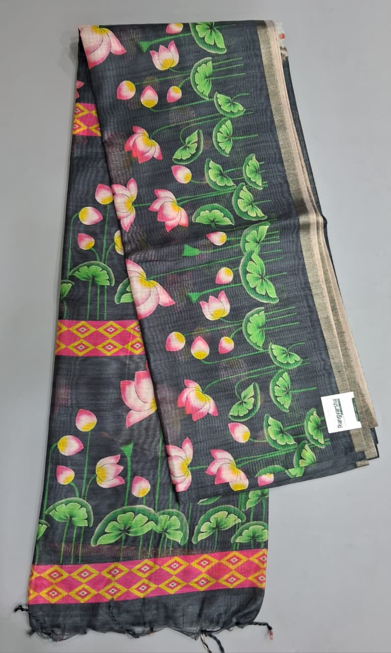 Elephant Grey Printed Jute Saree