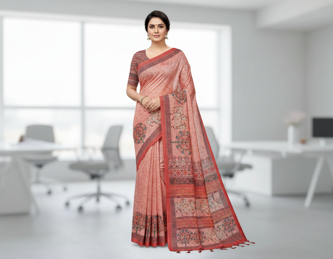 Peach Jute Printed Saree