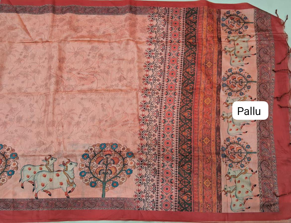 Peach Jute Printed Saree pallu