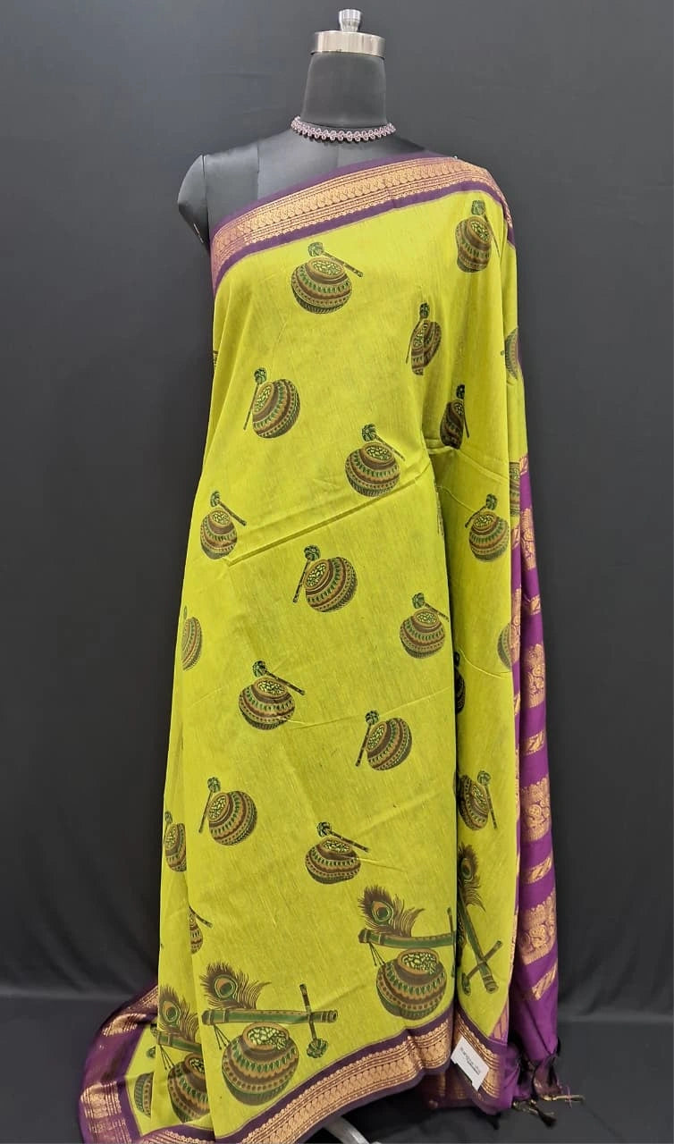 Parrot Green Kalyani Cotton Saree with Colorful Pot Print
