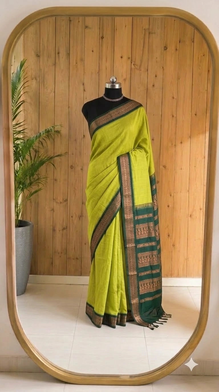 Parrot Green Plain Kalyani Cotton Saree