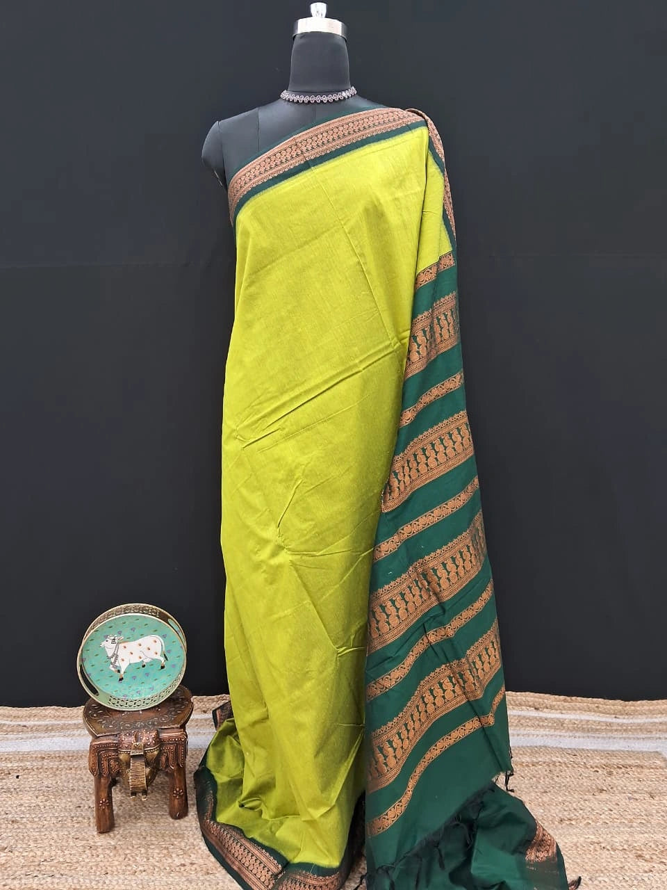Parrot Green Plain Kalyani Cotton Saree