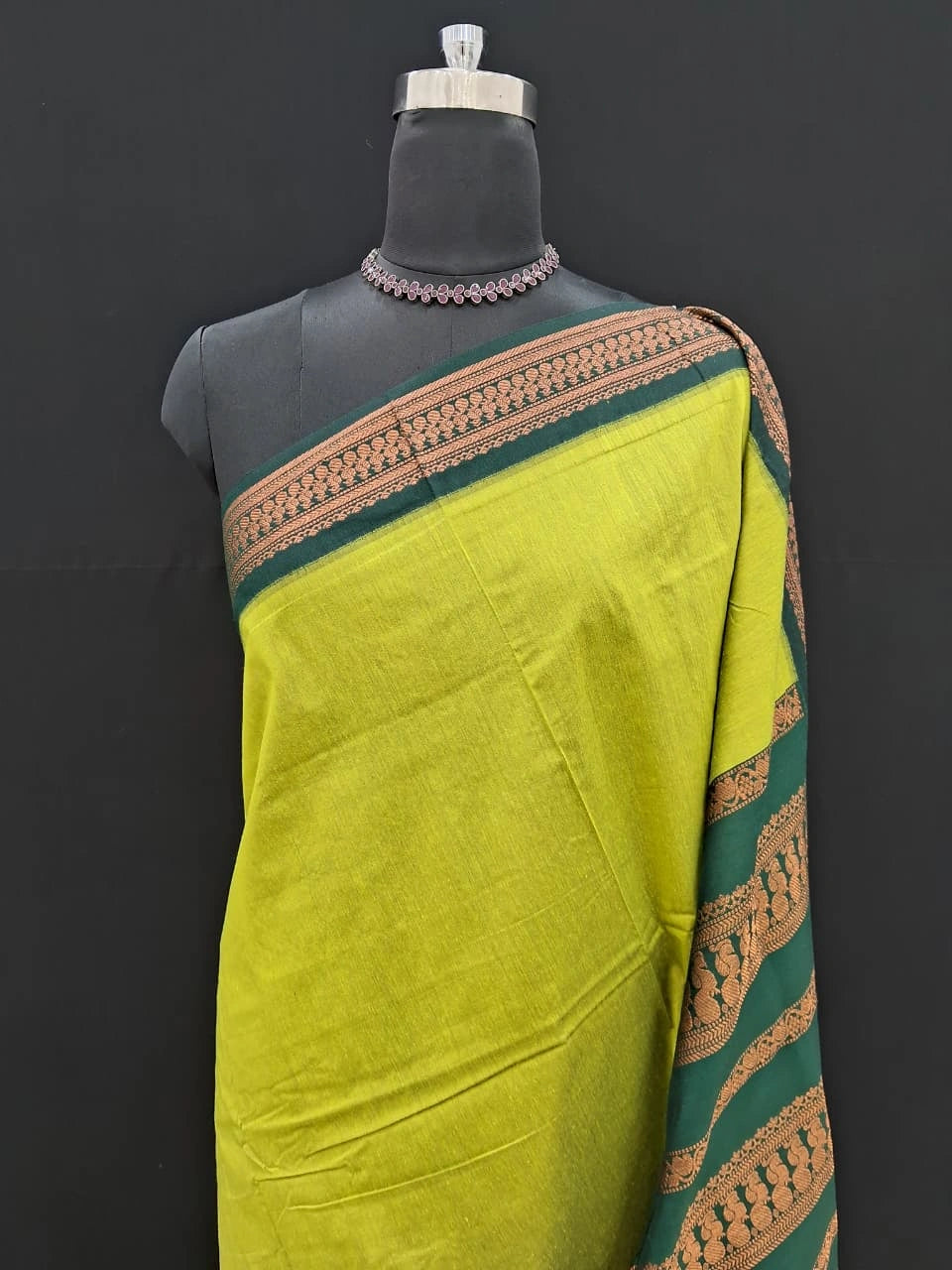 Parrot Green Plain Kaly  ani Cotton Saree