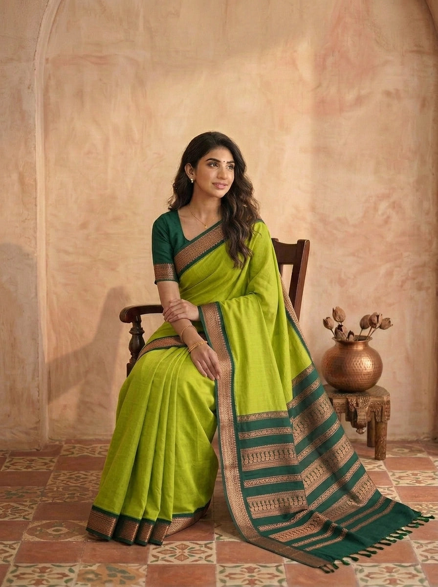 Parrot Green Plain Kalyani Cotton Saree