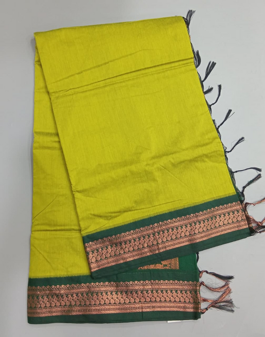 Parrot Green Plain Kalyani Cotton Saree