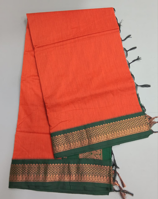 Dark Orange Plain Kalyani Cotton Saree