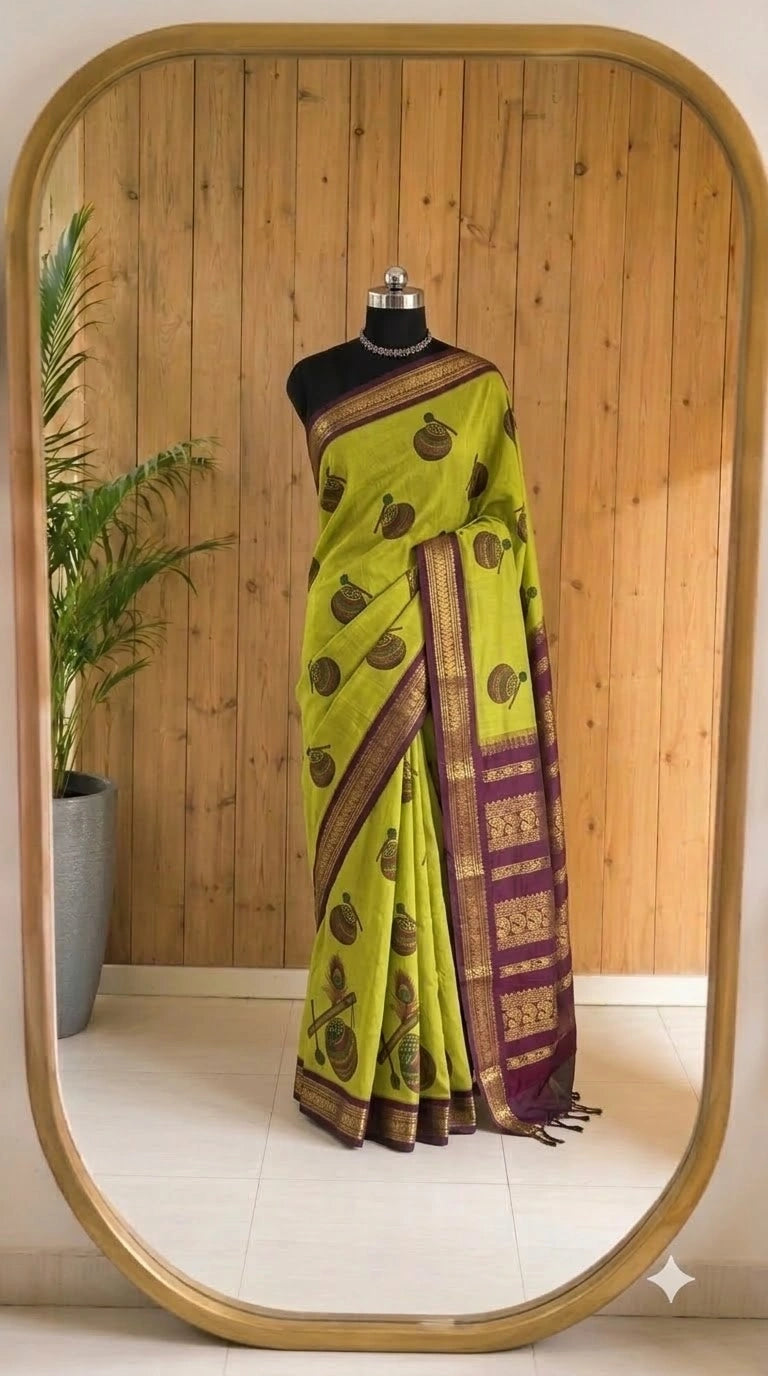 Lightweight Parrot Green Kalyani Cotton Saree 