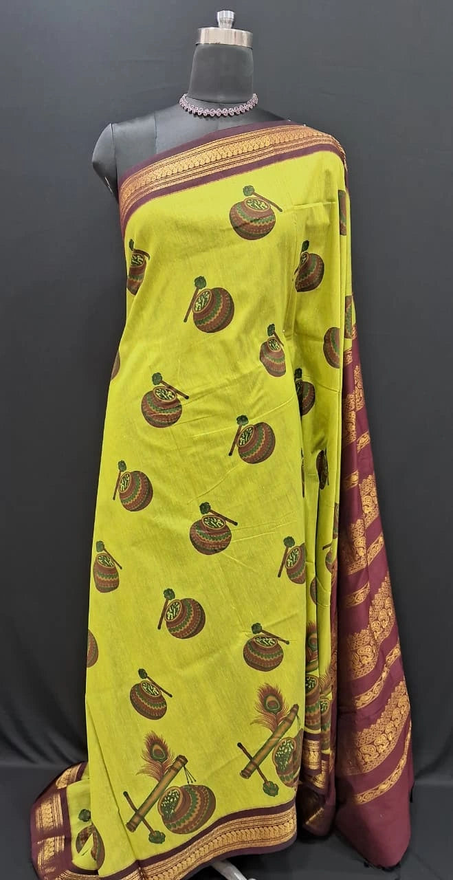 Lightweight Parrot Green Kalyani Cotton Saree 