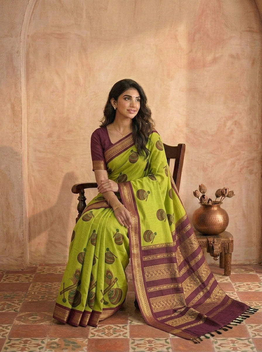 Lightweight Parrot Green Kalyani Cotton Saree 