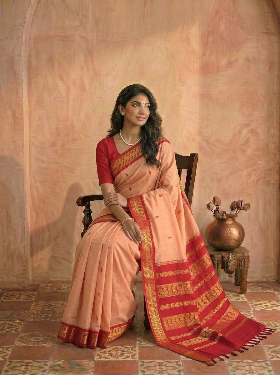 Peach Handwoven Kalyani Cotton Saree